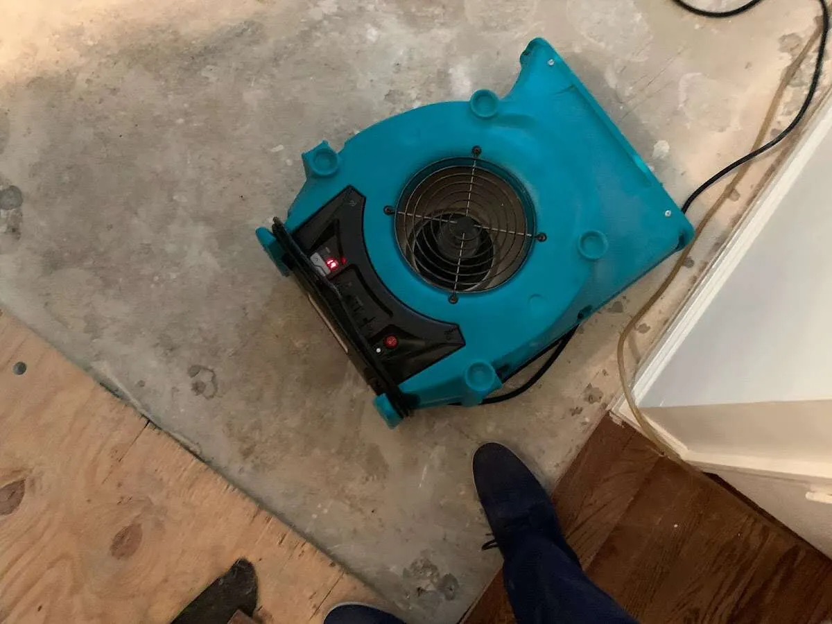 Air mover drying subfloor during Commercial Water Damage Restoration in Hermosa Beach